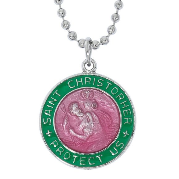 CATHOLIC GREEN & PINK ST. CHRISTOPHER EPOXY MEDAL & CHAIN - Picture 1 of 1